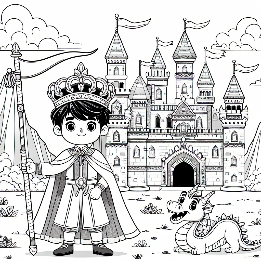 Royal prince standing with dragon in front of castle color sheet, color page