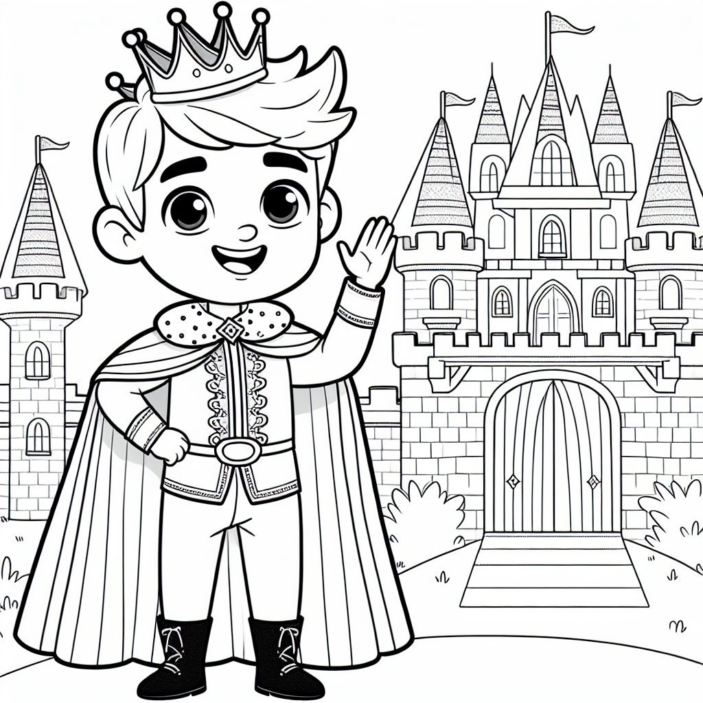 Color sheet of a prince in front of a castle waving, perfect color page for kids