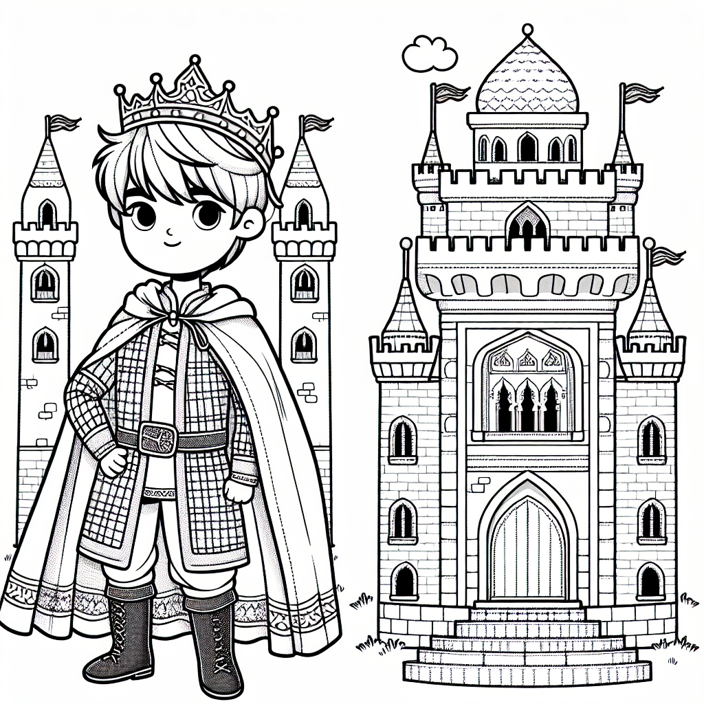 Color sheet of a young prince in front of a castle, ideal color page for kids