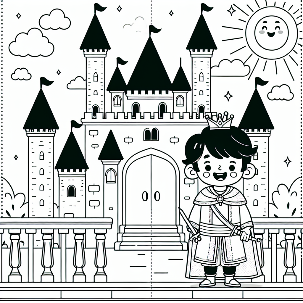 Prince and castle color sheet, color page for kids