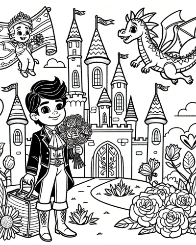 Charming color sheet of young prince and princess by a fairy-tale castle, fun color page for kids