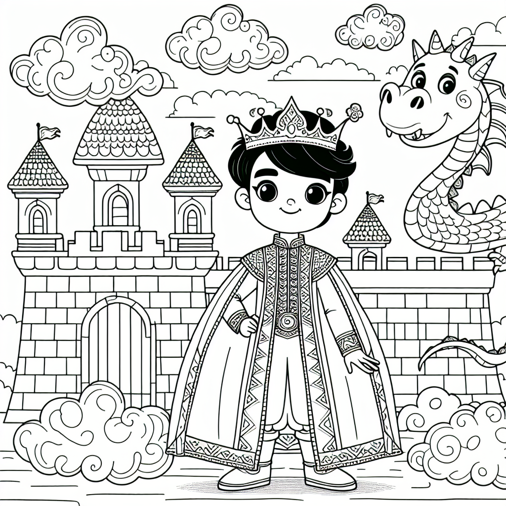 Young prince standing in front of a castle with a dragon - color sheet, color page