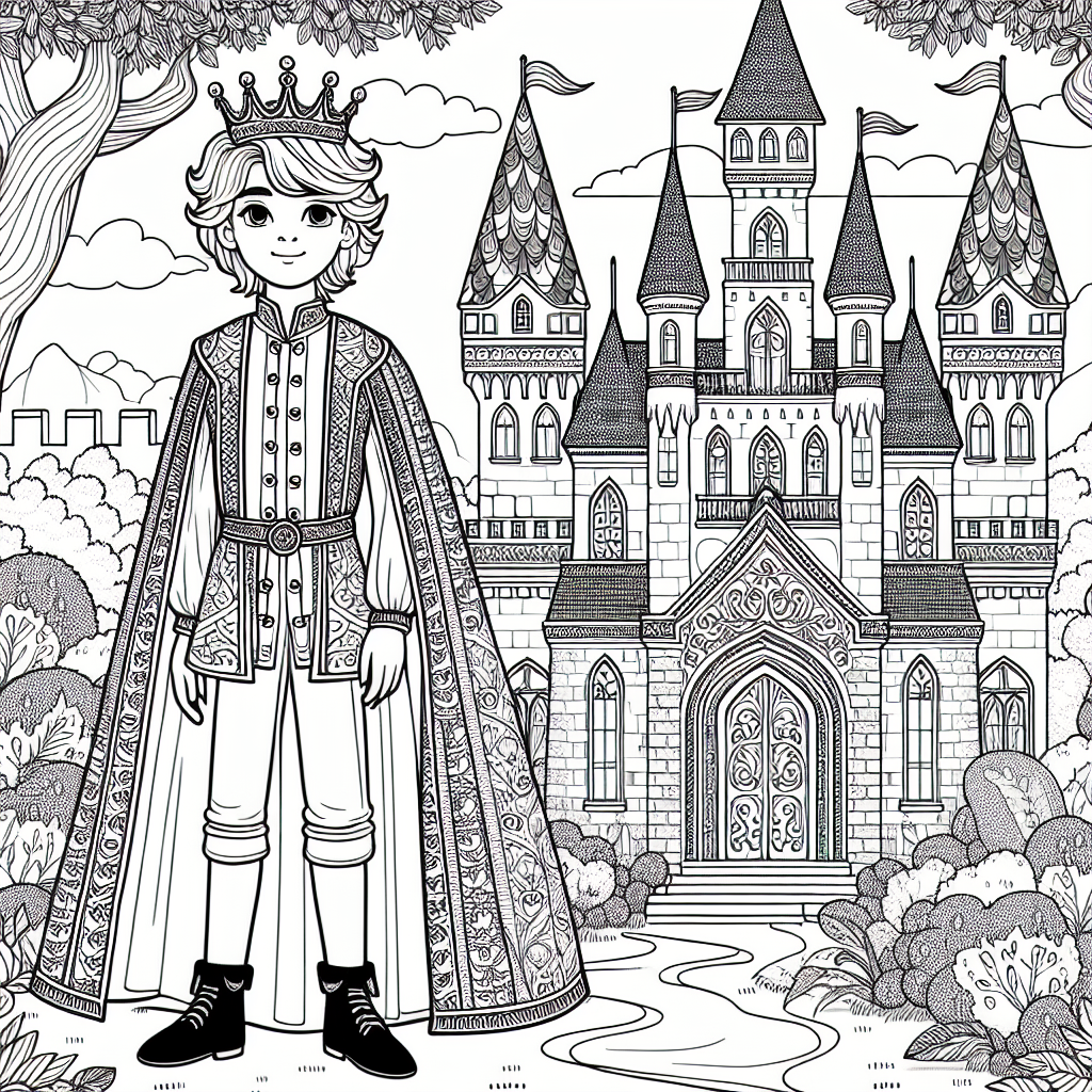 Royal Prince in front of a castle color sheet, color page
