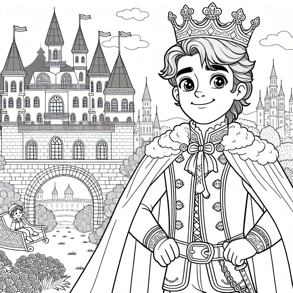Color sheet depicting a proud prince standing in front of a castle, perfect color page for kids