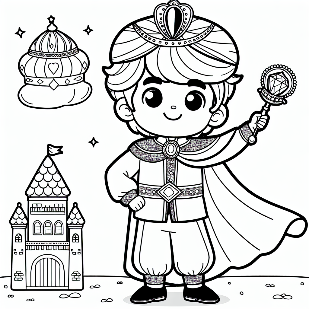 Color sheet of a royal prince holding a scepter for kids