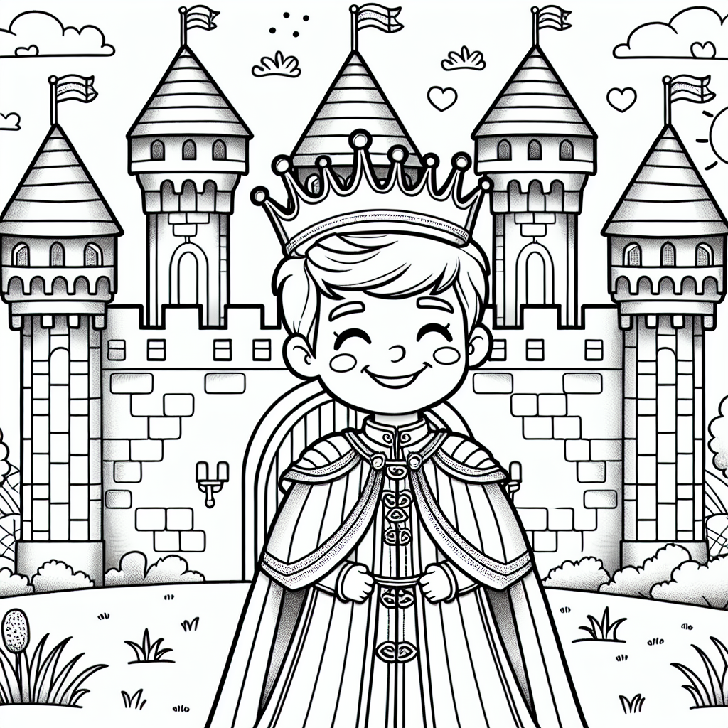 Color sheet featuring a prince in front of a castle, perfect color page for kids