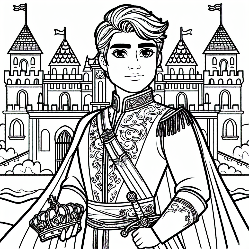 Young prince holding a crown and standing in front of a castle, color sheet, color page