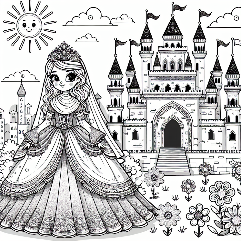 Coloring Page: Color Page for Kids: Charming Princess in Front of Castle