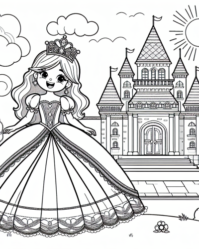 A black and white color sheet depicting a princess standing in front of a castle, perfect as a color page.