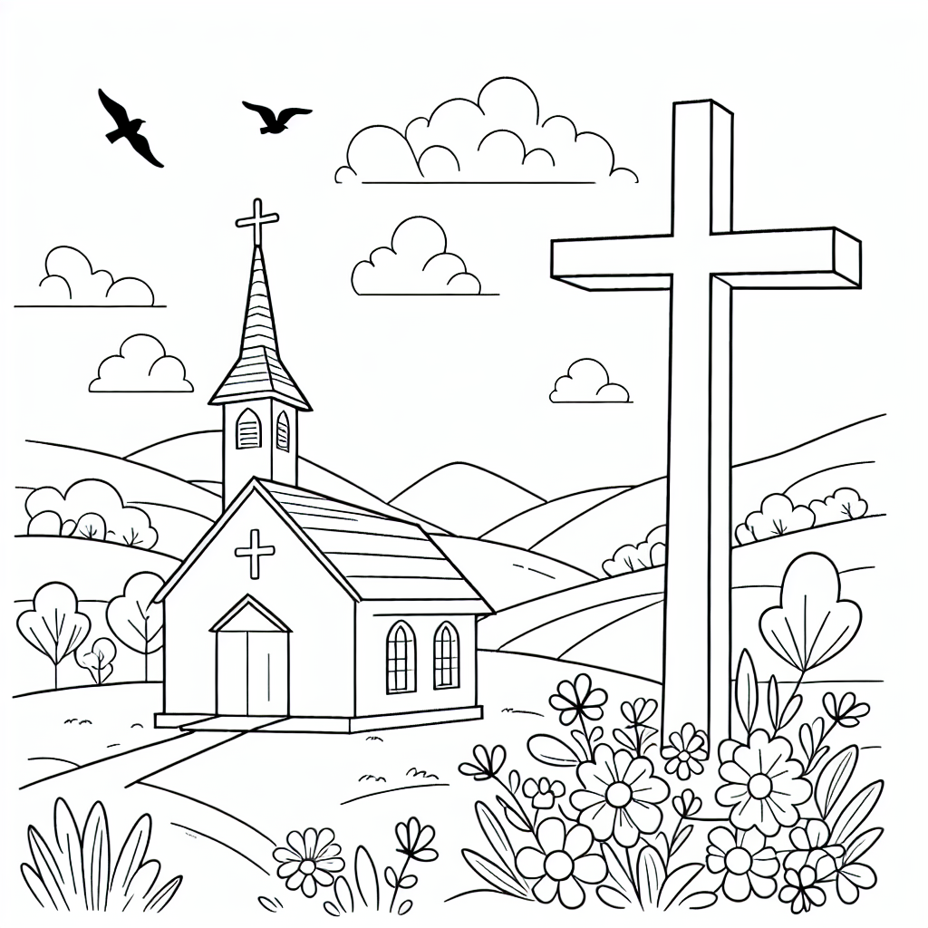 Charming church in a natural setting color sheet, color page for kids