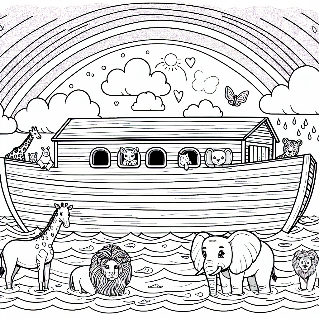 Animal Ark Coloring Sheet, Perfect Color Page for Kids Featuring a Rainbow and Various Animals