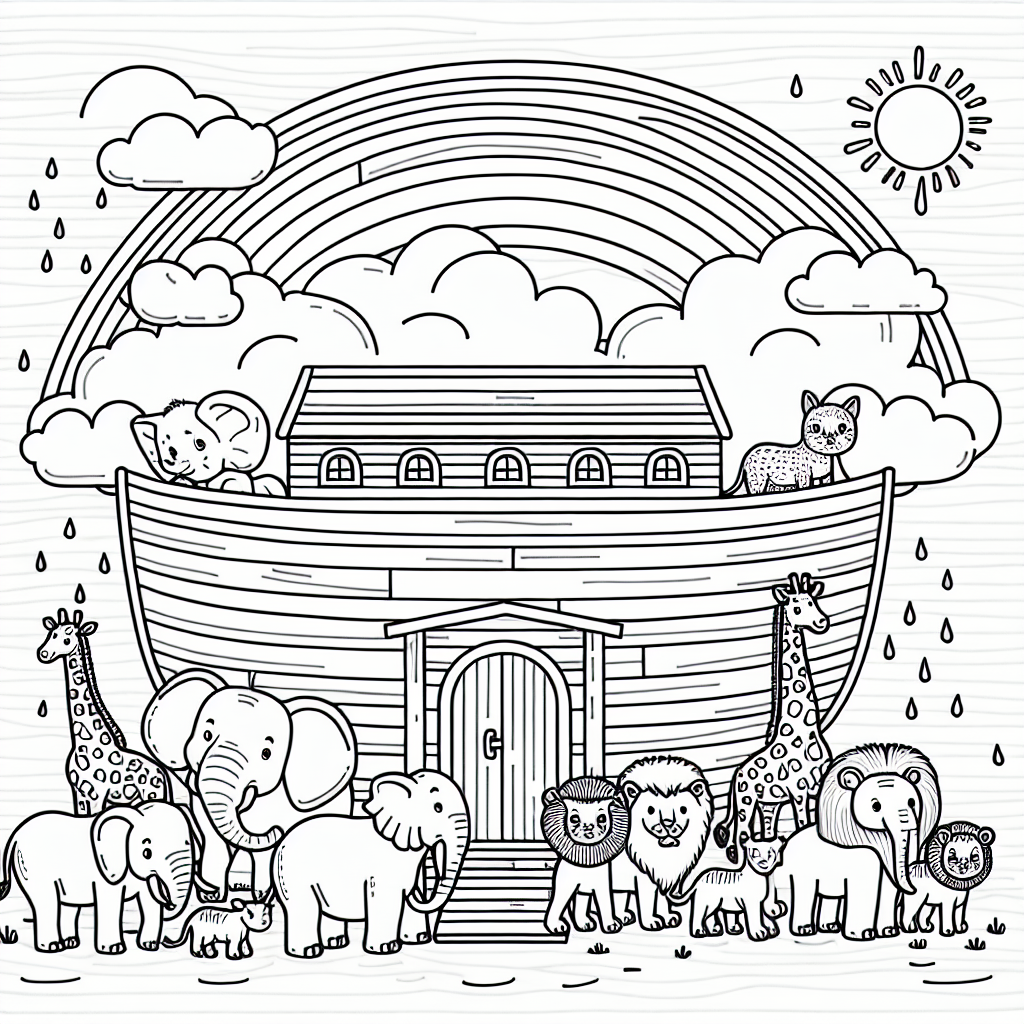 Color sheet featuring Noah's Ark with animals, a color page for kids