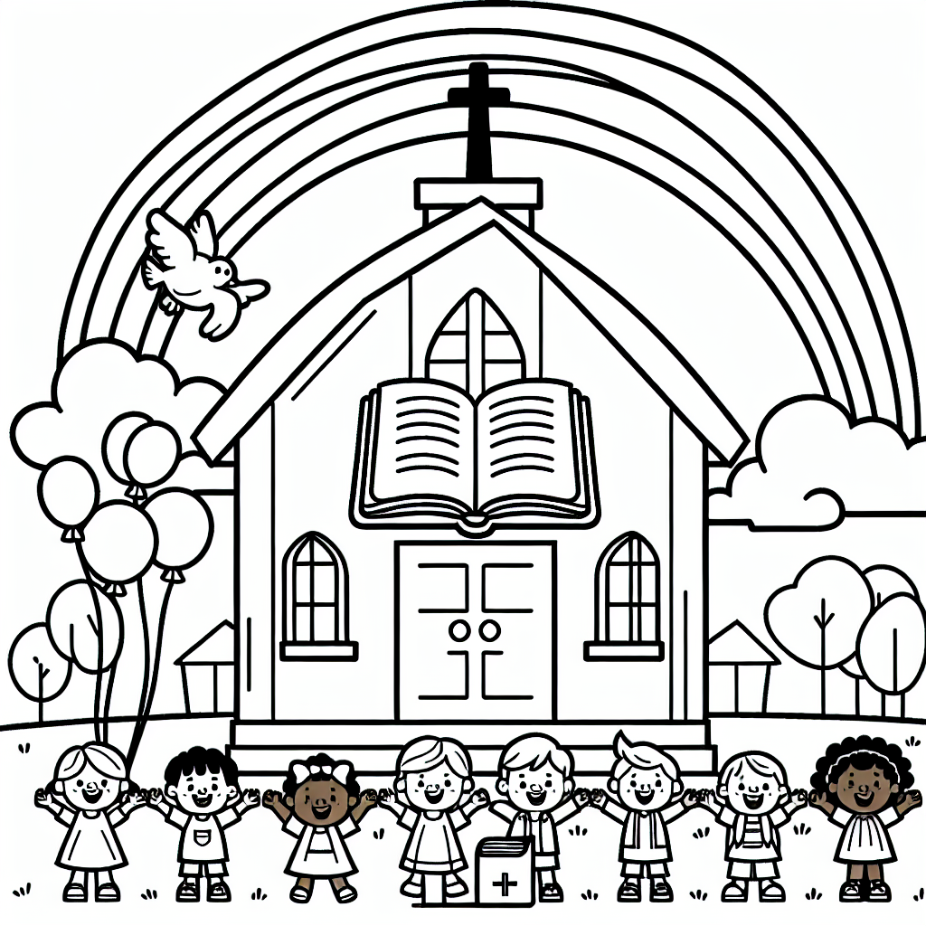 Color sheet featuring happy children standing in front of a church under a rainbow - ideal color page for kids