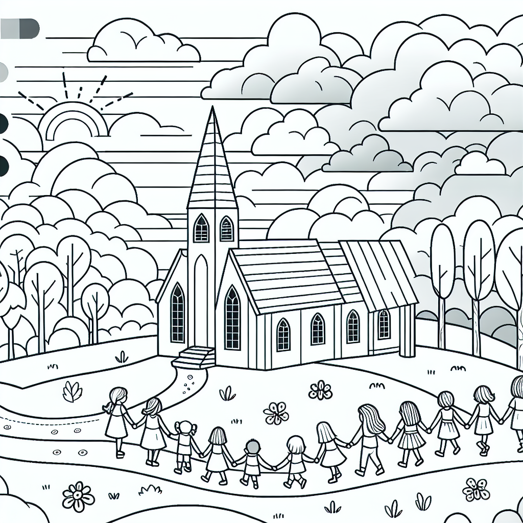 Children outside a country church color sheet, color page