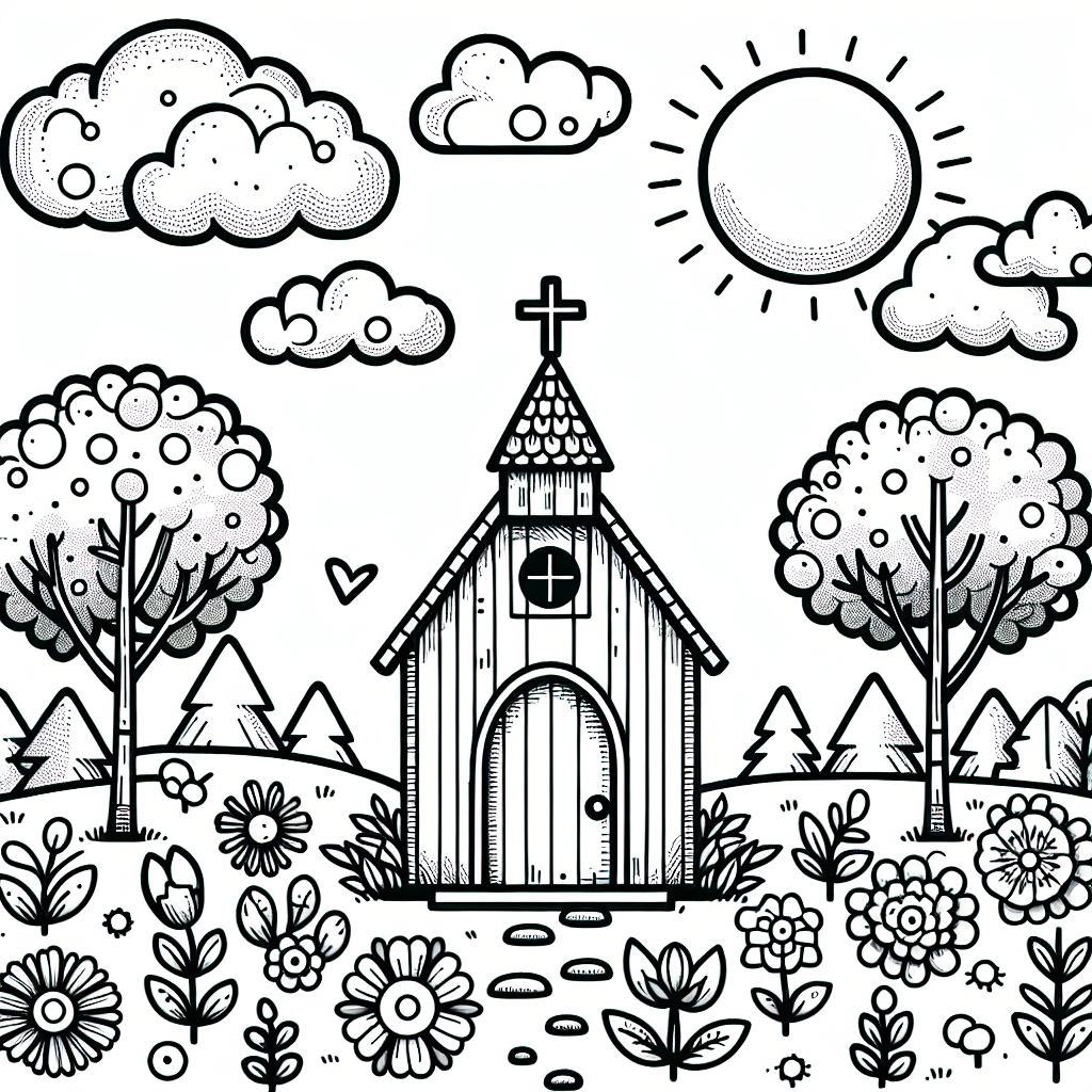 Charming chapel scene color sheet, color page for kids