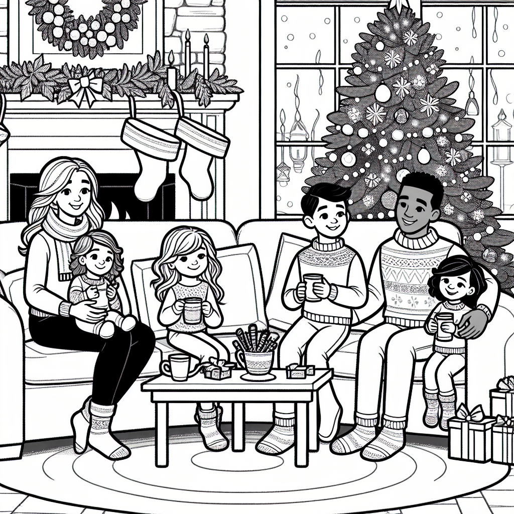 Festive family Christmas gathering color sheet, perfect holiday-themed color page for kids