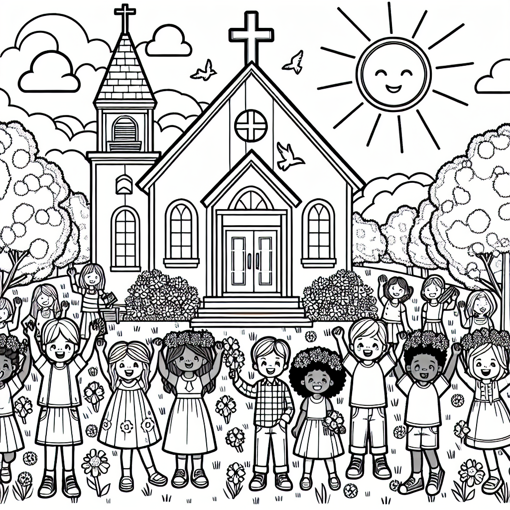 Color sheet featuring a group of children celebrating in front of a church, a cheerful color page for kids