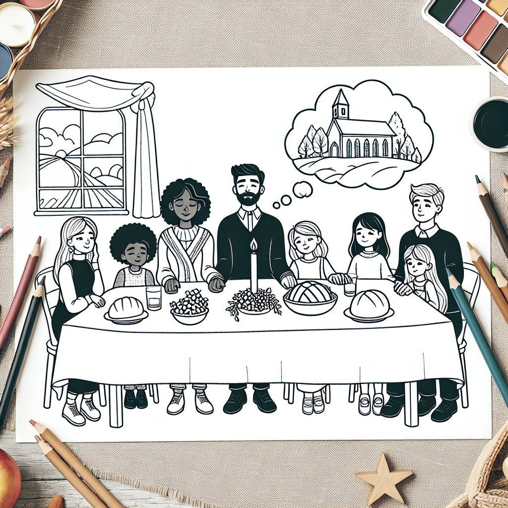 Family Dinner Time color sheet, color page including a family gathered around the dining table