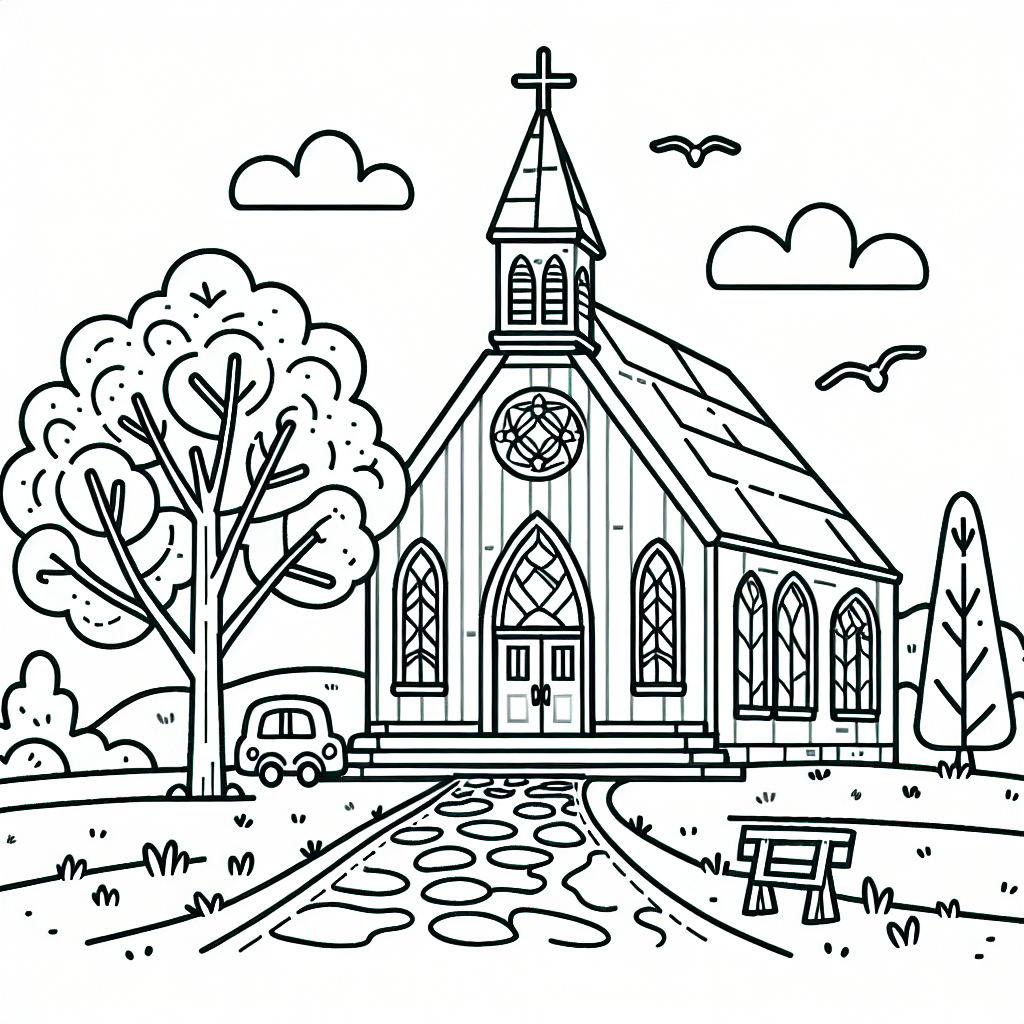 Color sheet of a charming church in the countryside, a delightful color page for kids
