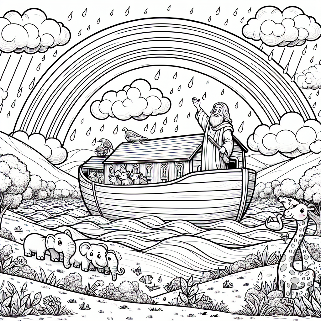 Noah's Ark coloring sheet, color page for kids depicting a biblical scene