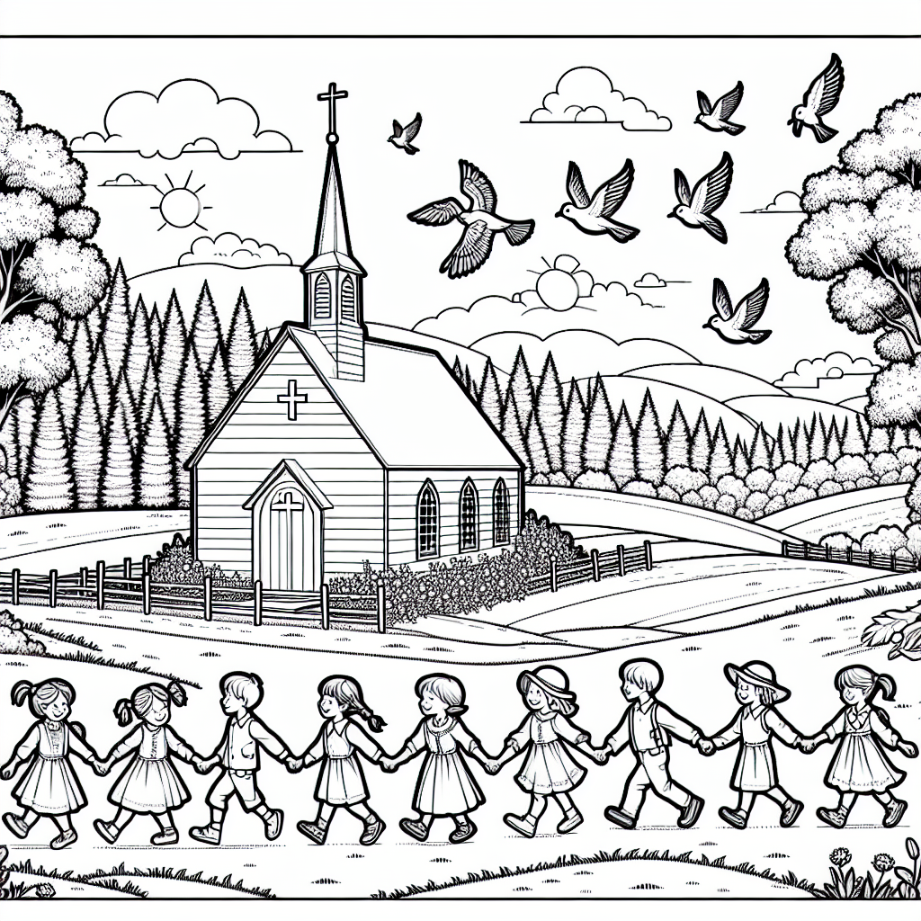 color sheet of children holding hands in front of a countryside church, color page