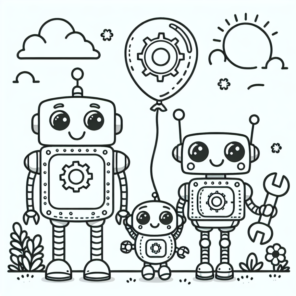 Coloring Page: Fun Robot Family Color Page for Kids