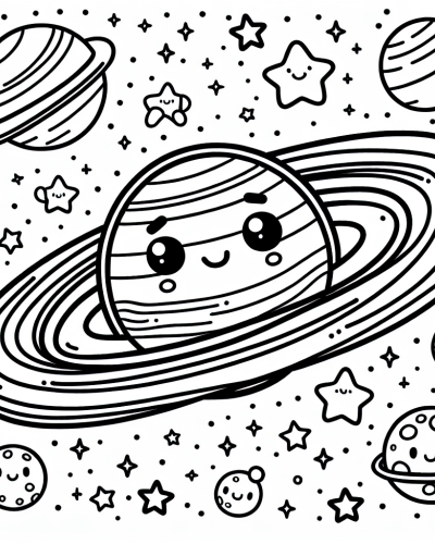 A cheerful and cartoon-like Saturn with expressive face, surrounded by smiling stars and planets, perfect for a color sheet or color page activity