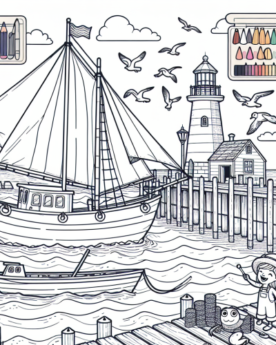 Color sheet showing a lively harbor with sailboats, a girl on a pier, and a lighthouse in the background - perfect color page for kids
