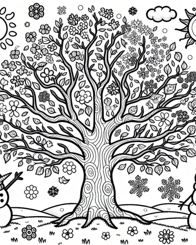 Color Sheet for Kids Featuring a Tree and Snowmen