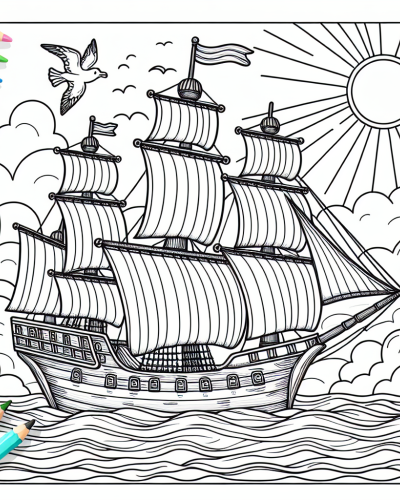 Color Sheet featuring a large sailing ship with colorful surroundings for kids to color