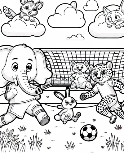 Animal friends playing soccer - Color sheet, color page