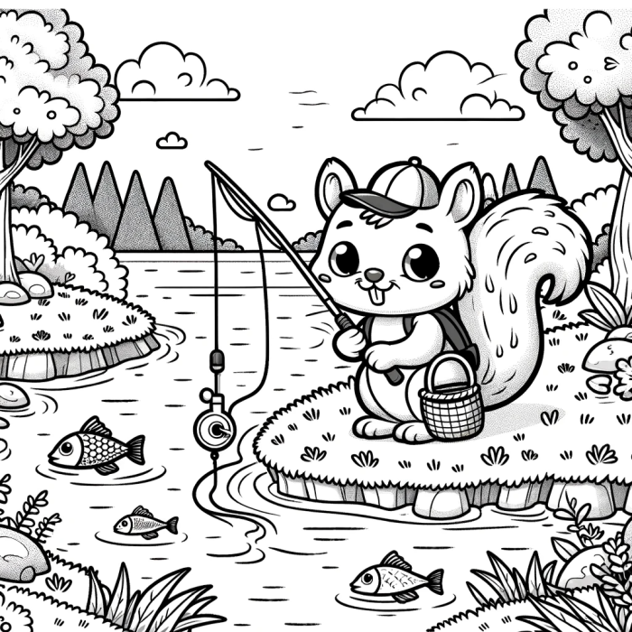 Squirrel Riding A Fish Coloring Page: Whimsical Squirrel Fishing Adventure Free Color Page for ...