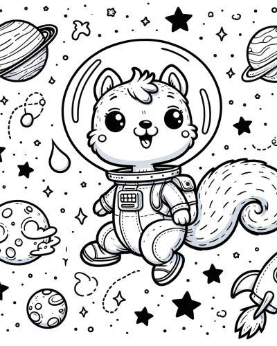 Adorable squirrel astronaut space adventure color sheet for kids