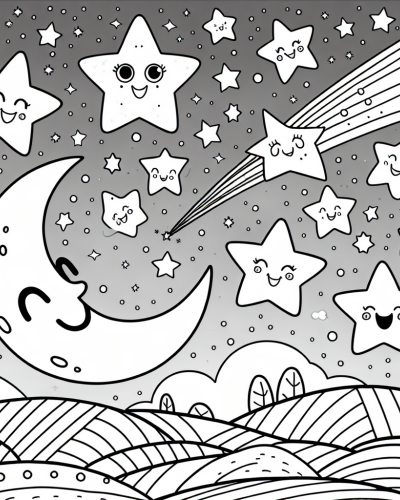 Color Sheet featuring a whimsical night sky with stars, moon, and clouds, designed for kids to enjoy coloring