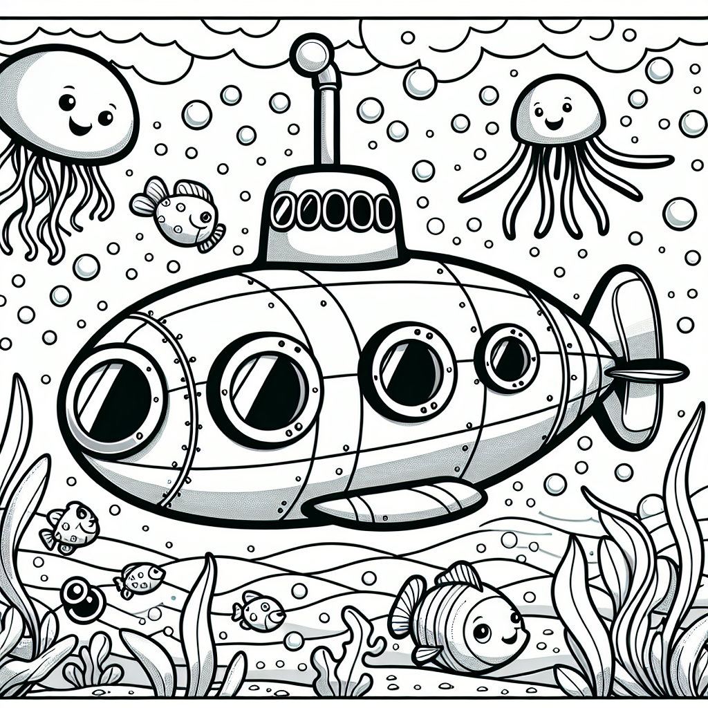 Submarine and Sea Creatures Color Sheet, Color Page for Kids