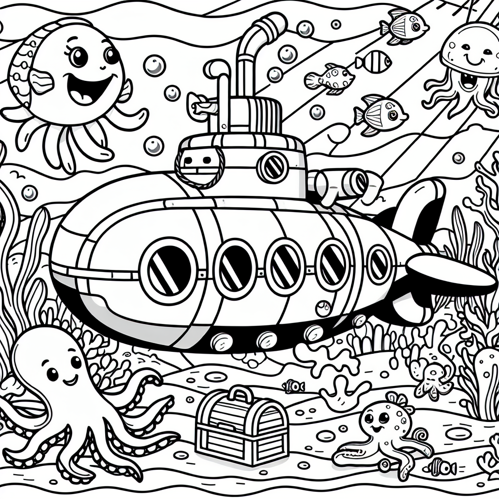 Underwater submarine color sheet with sea creatures, fun color page