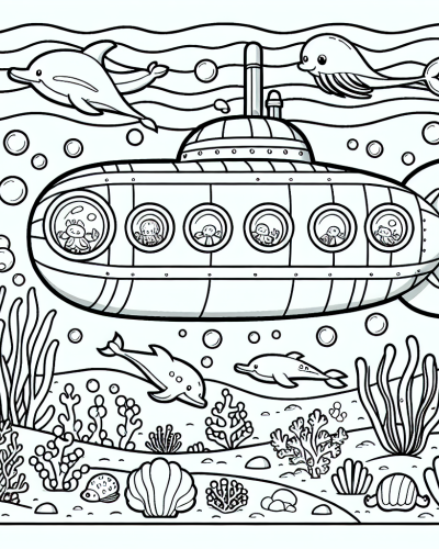Color sheet of a submarine exploring underwater life � a perfect color page for kids