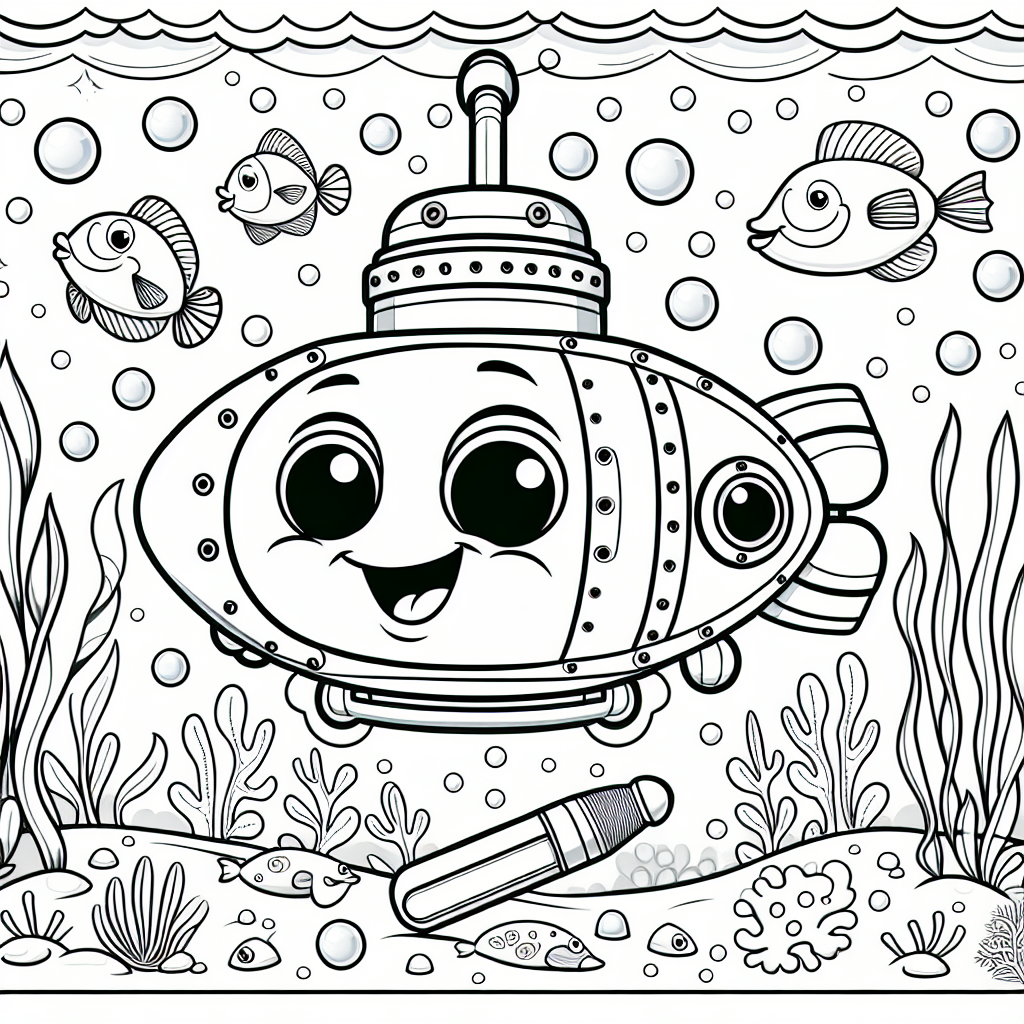 Animated submarine exploring the sea with fish and sea plants - fun color sheet and color page