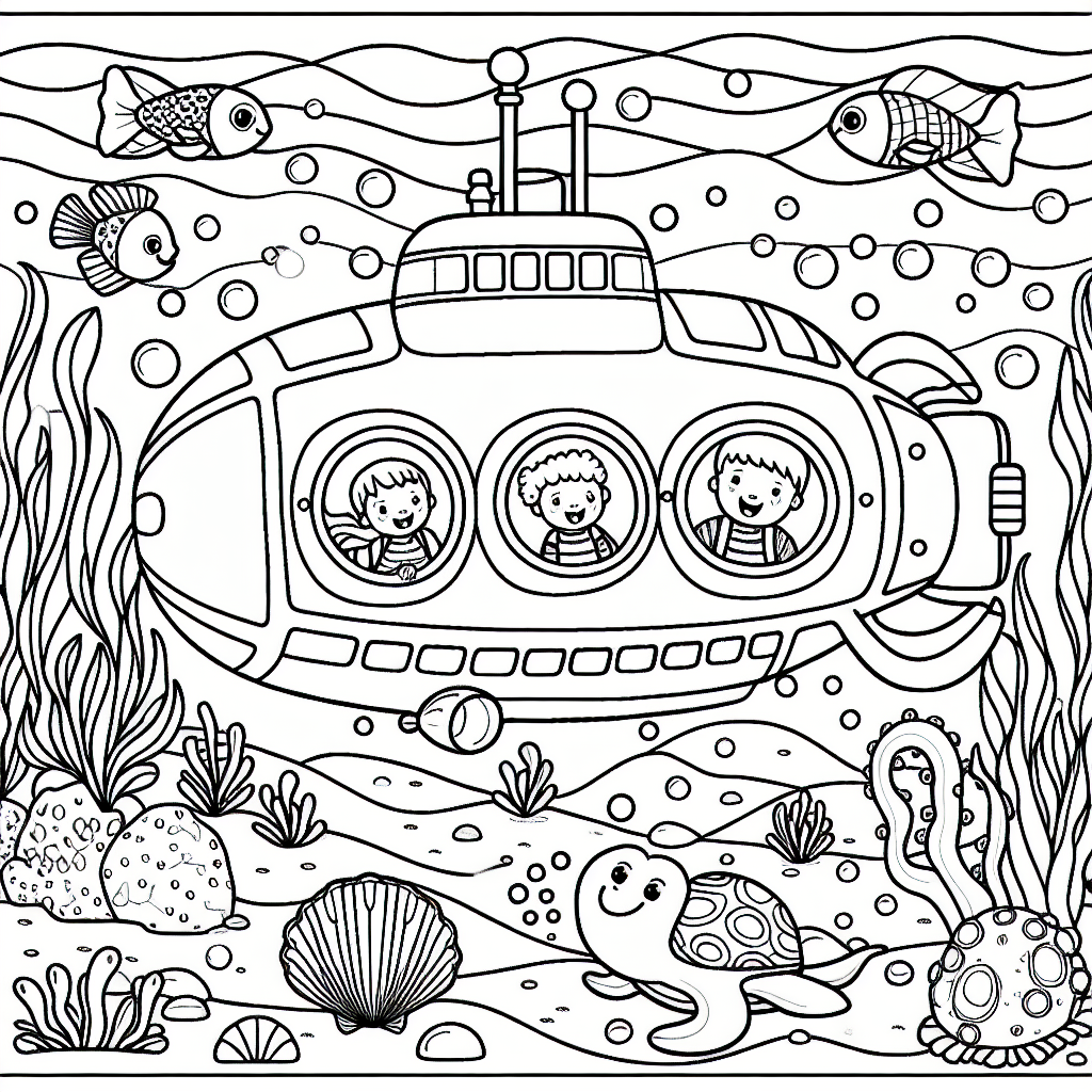 Color sheet of underwater submarine adventure for kids