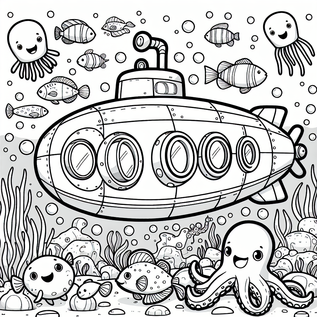 Underwater submarine with cute sea creatures color sheet, perfect as a color page for kids