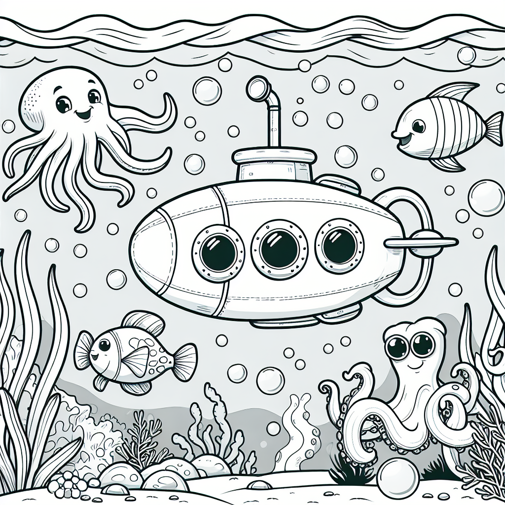 color sheet of a submarine exploring the ocean with happy sea creatures, a fun color page for kids