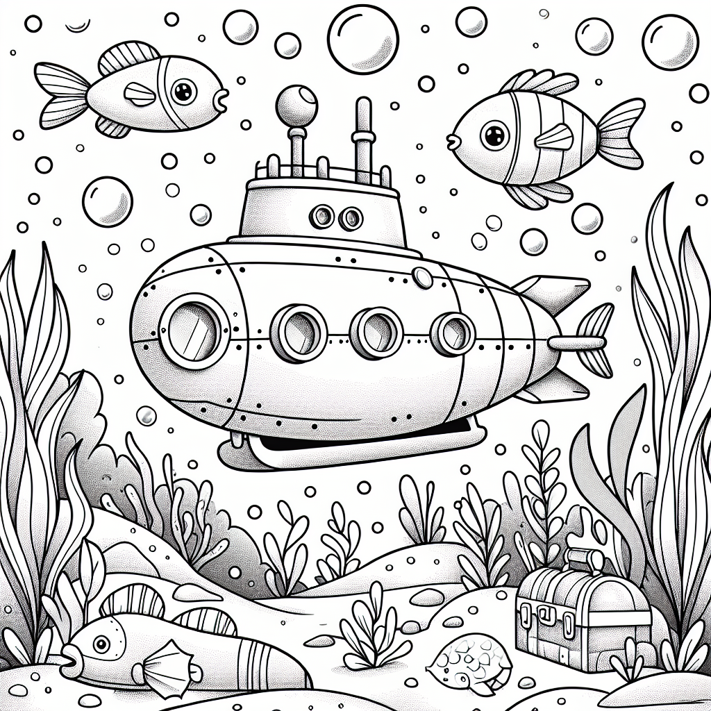 Underwater submarine adventure color sheet, perfect color page for kids