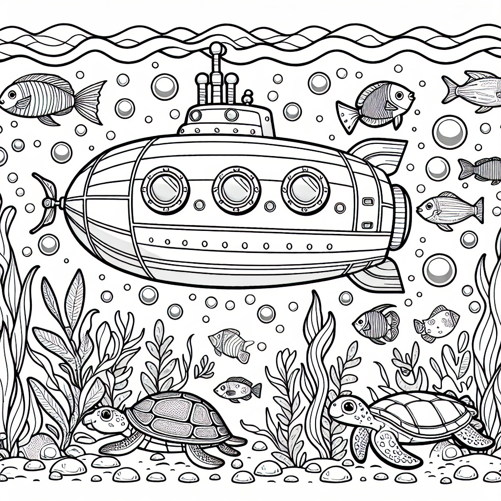 Submarine exploring underwater with sea animals coloring sheet, color page