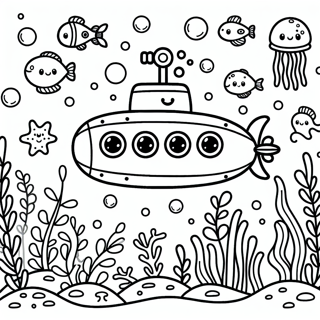 Underwater scene color sheet for kids featuring a submarine, smiling fish, and ocean plants.