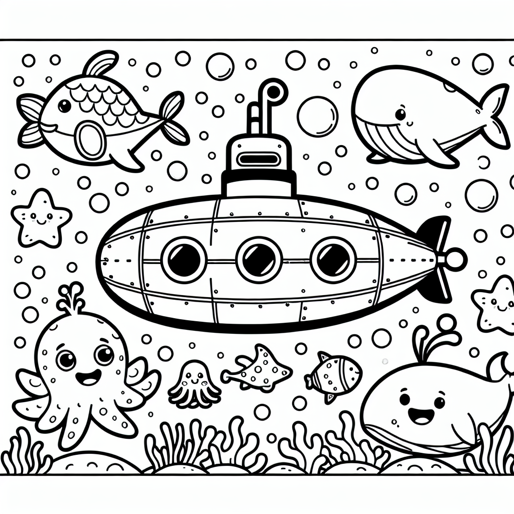 Underwater adventure color sheet, featuring a submarine and sea creatures, perfect color page for kids