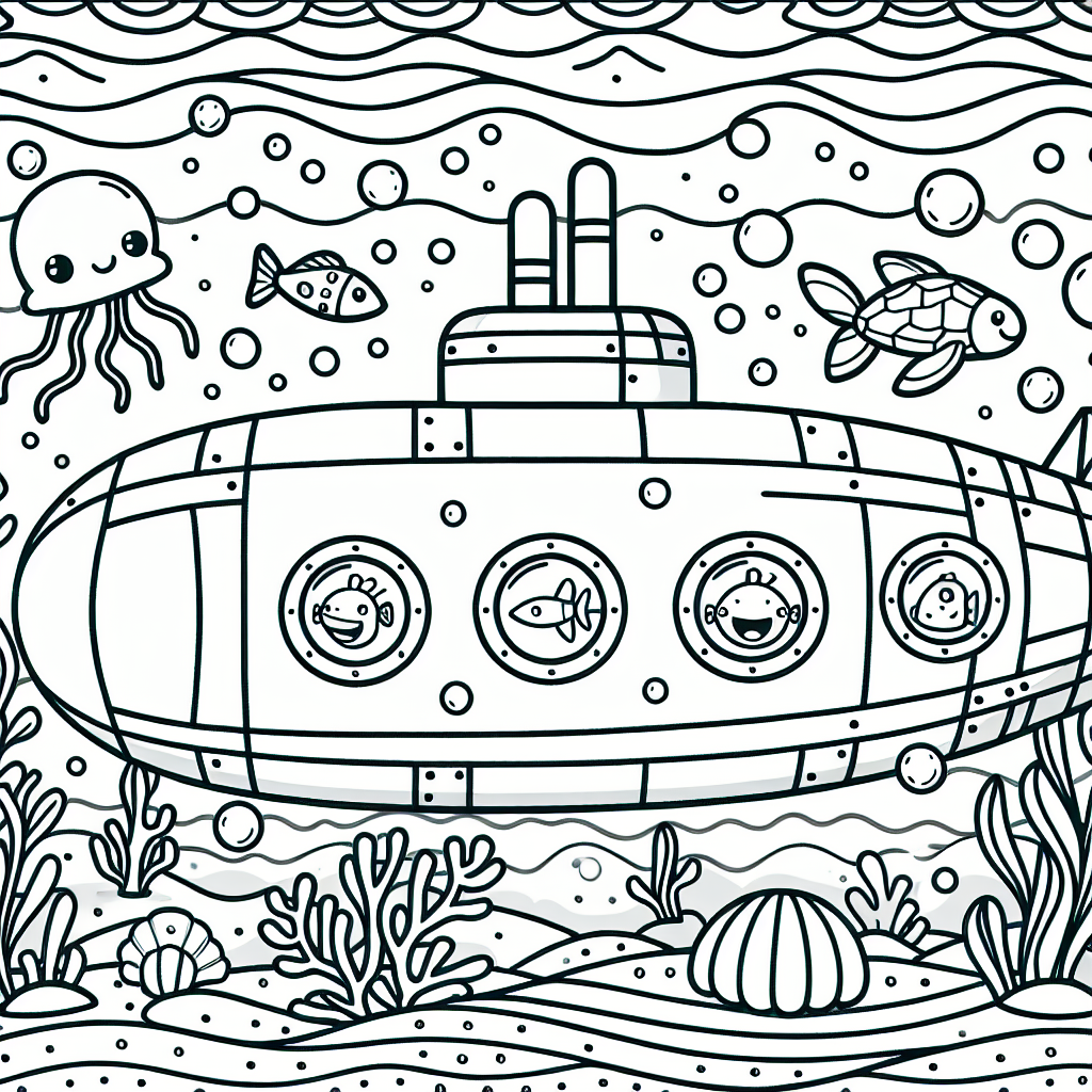 Submarine Adventure Color Sheet, an engaging color page for kids featuring an underwater scene with a submarine and sea creatures