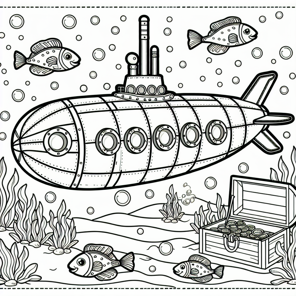 Underwater submarine adventure color sheet, color page