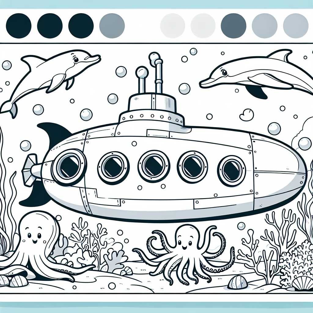 Underwater scene with submarine and sea creatures color sheet, color page for kids