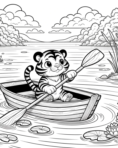 A friendly tiger on a canoe - kids' color sheet, color page
