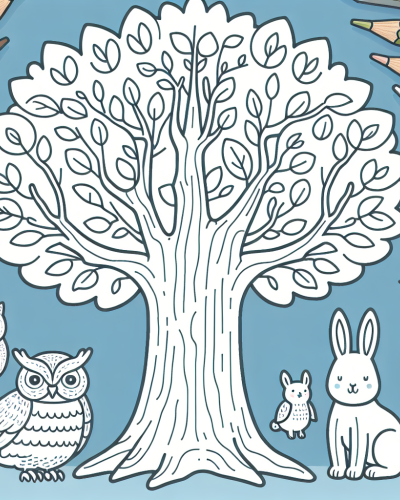 Color Sheet, Color Page featuring a tree with animals for kids to color